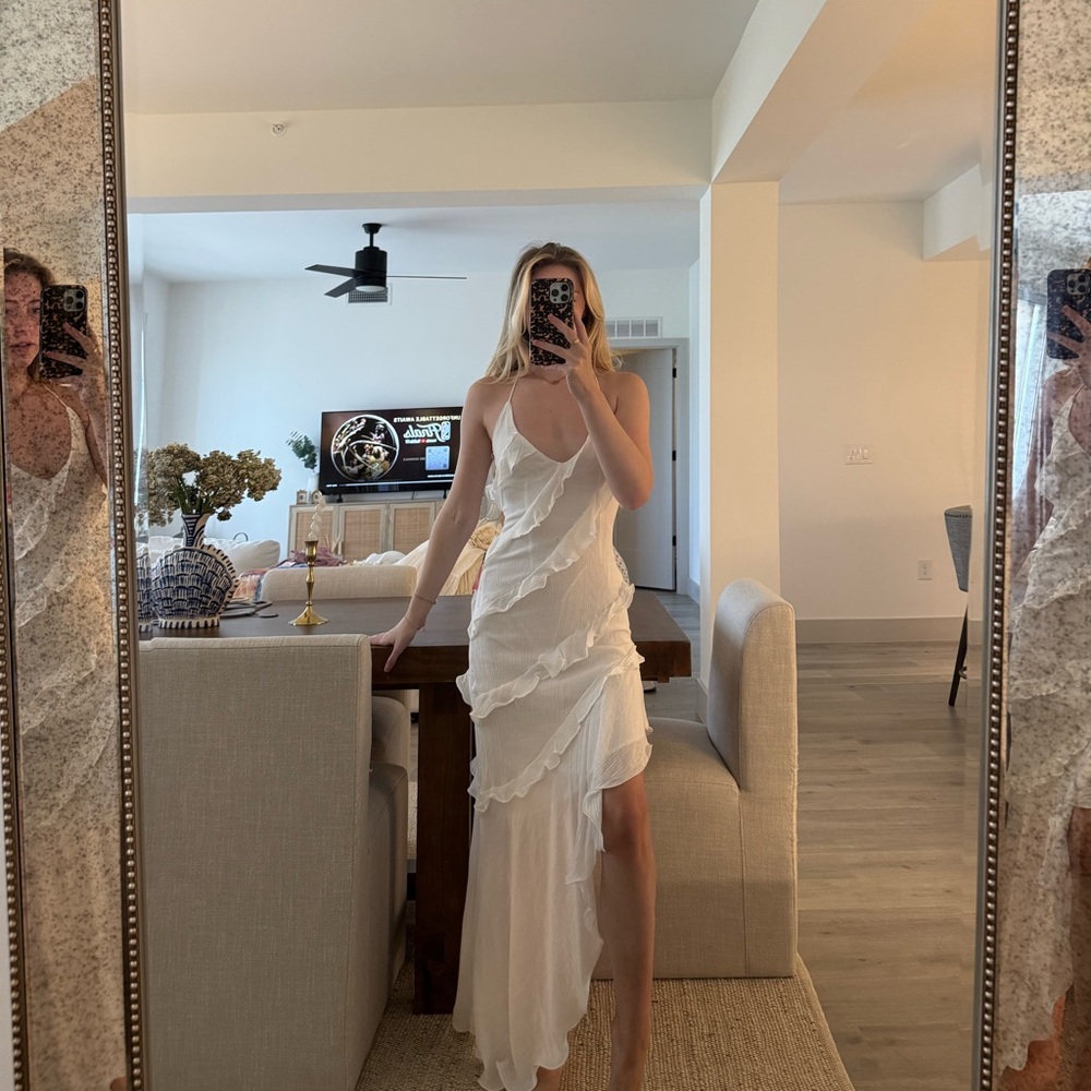 White Asymmetrical Spaghetti Strap Gown